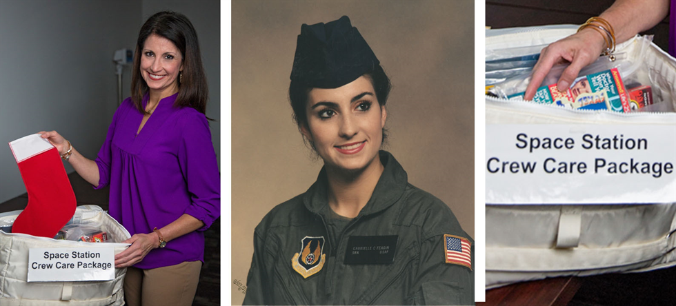 Then and now: Gabrielle Cole preparing a Christmas care package for astronauts aboard the International Space Station (left), and Cole in her Air Force uniform (center).